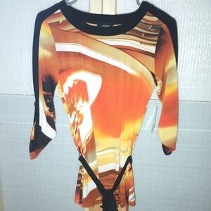Women's Orange Abstract Print Tie-Waist Tunic Top